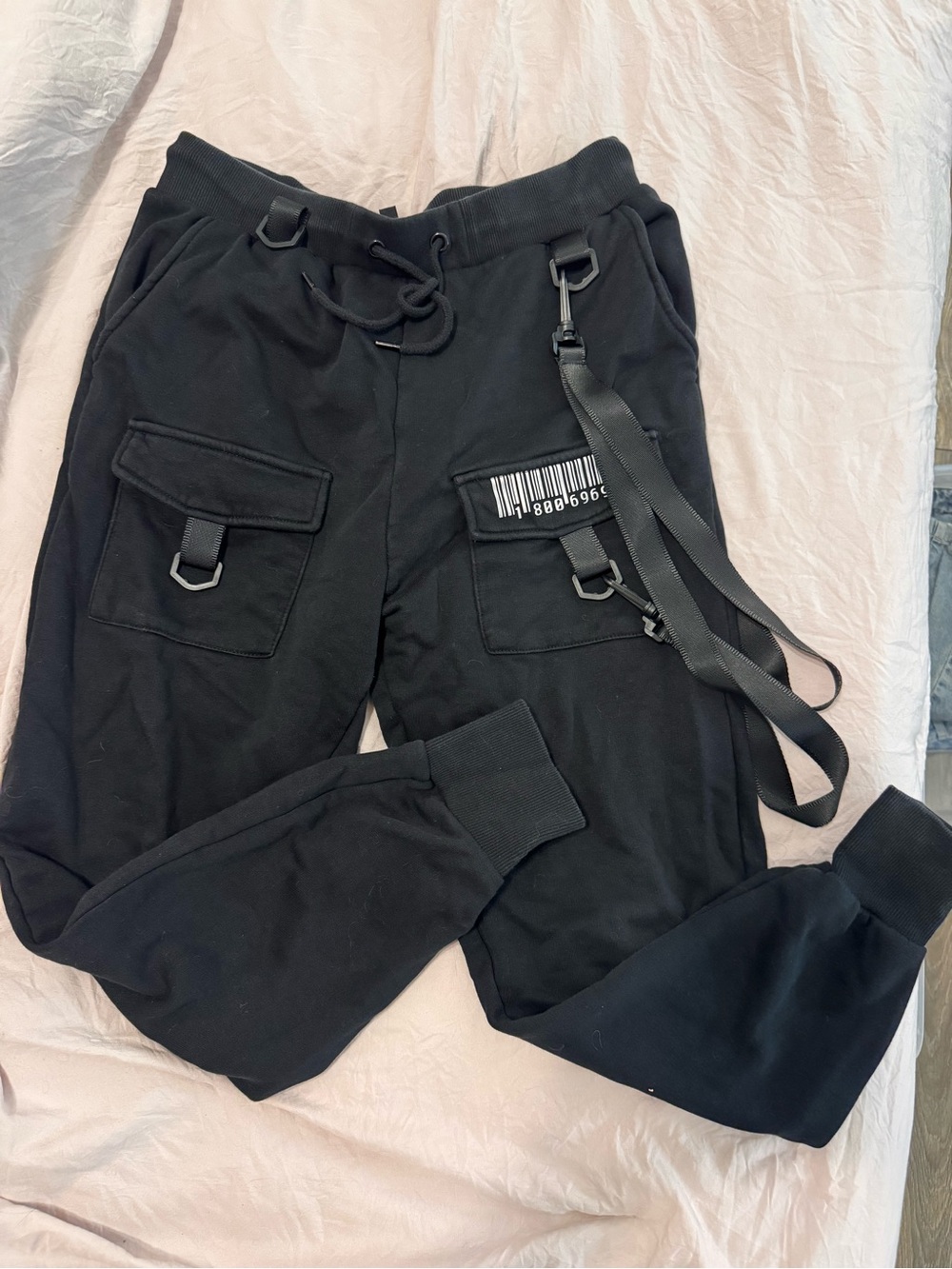 Club EXX Black Cargo Strap Joggers with Barcode Patch